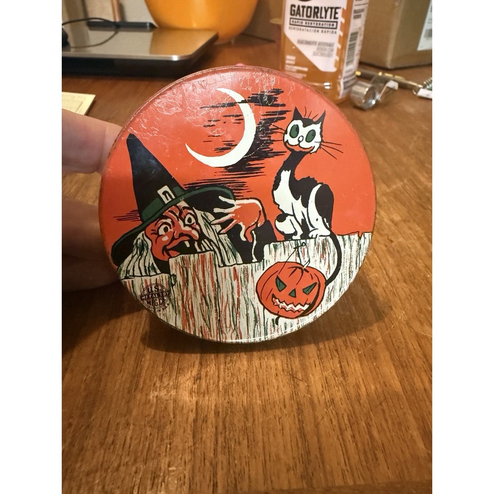 Vintage Halloween Tin Litho Noise Maker Witch Moon Cat Cohn Ratchet Orange Back